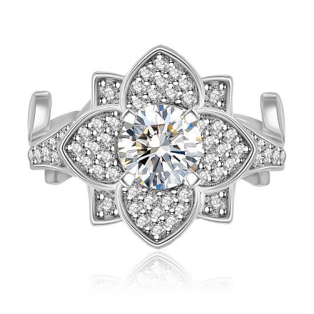 Rose with Leaf Pave Band Ring - A close-up of the Rose with Leaf Pave Band Ring, showcasing its silver-toned rhodium plating and a central cluster of white cubic zirconia stones arranged in a floral, leaf-like design.