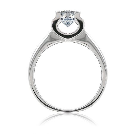 Angled view of the Altar Promised Ring, highlighting the polished silver band and the sparkling clear gemstone.