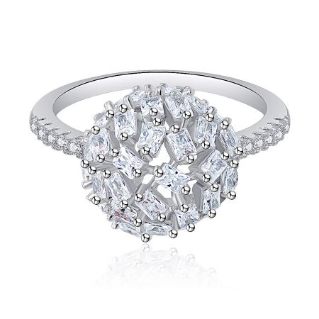 Baguette and Round CZ Ball Shape Ring - Front view of the Baguette and Round CZ Ball Shape Ring, showcasing the detailed cluster of clear cubic zirconia on a rhodium-plated brass band.