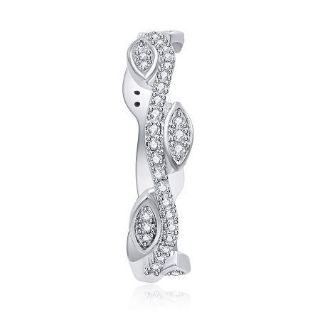 Cubic Zirconia Vintage Leaf Band Ring - A silver-toned vintage leaf band ring with a wavy design, accented with sparkling cubic zirconia stones, shown on a white background.