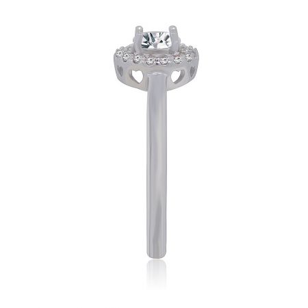 Side profile of the rhodium-plated engagement ring, showcasing the intricate heart-shaped cutouts on the band.