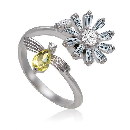 Detailed view of the Daisy Bee Delight Ring highlighting the teardrop-shaped yellow cubic zirconia and the sparkling flower design.