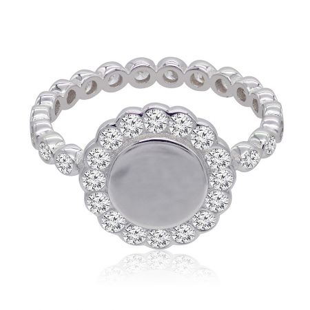 Floral Bezel Set Ring - A close-up of the Floral Bezel Set Ring, showcasing its silver-colored rhodium plating and a circular centerpiece of cubic zirconia surrounded by a halo of smaller stones.