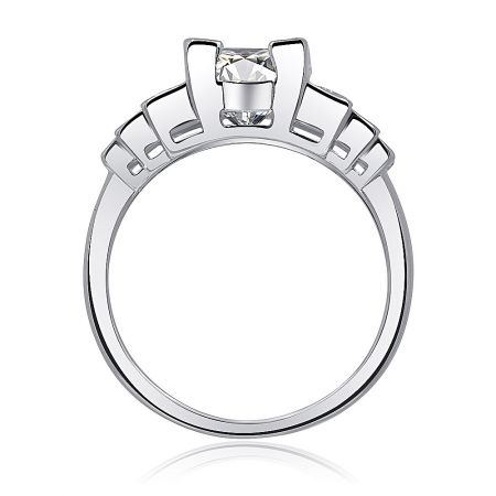 Detailed close-up of the Baguette Channel Engagement Ring's four-prong setting holding the main CZ stone.