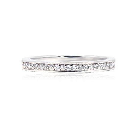 Birth Eternity Ring - Front view of the Birth Eternity Ring, showcasing the rhodium-plated brass band and sparkling white cubic zirconia stones.
