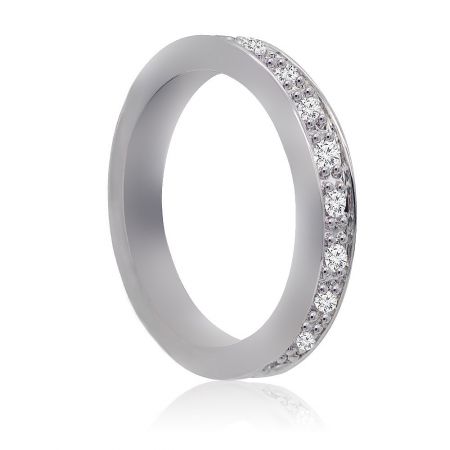 Detailed view of the pave-set cubic zirconia stones on the women's band ring.