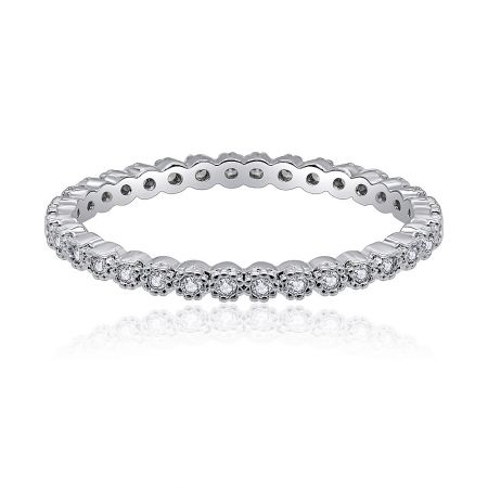 Tiny Wheat Eternity Ring - A close-up of the Tiny Wheat Eternity Ring, showcasing its delicate rhodium-plated band with a wheat-like texture, fully adorned with sparkling pave-set cubic zirconia stones.