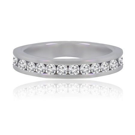 White Cubic Zirconia Eternity Ring - A close-up of the White Cubic Zirconia Eternity Ring, showcasing its rhodium-plated brass band set with a continuous row of sparkling cubic zirconia stones.