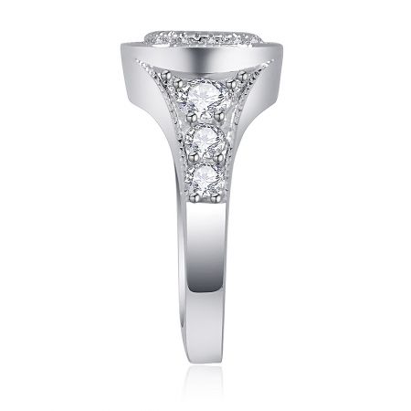 Close-up shot of the White Gold Cubic Zirconia Ring, showing the prominent round setting and the three smaller diamonds on the band.