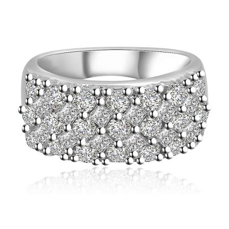 Wide CZ Ring Band - A wide rhodium-plated ring band featuring five parallel rows of sparkling white cubic zirconia stones, shown at an angle.