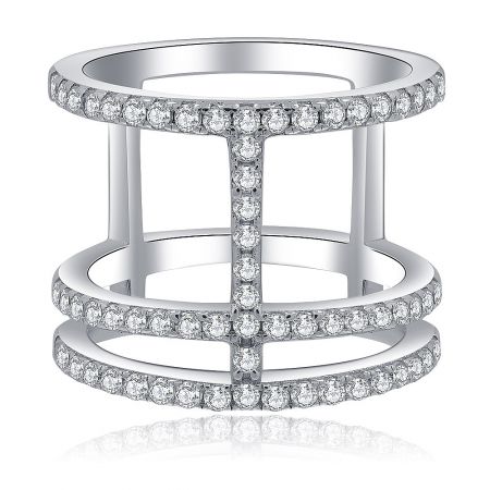 Delicate Pave Geometric Design Ring - Delicate Pave Geometric Design Ring in 925 sterling silver, featuring a distinctive double-layer design with a central connecting bar set with shimmering cubic zirconia stones.