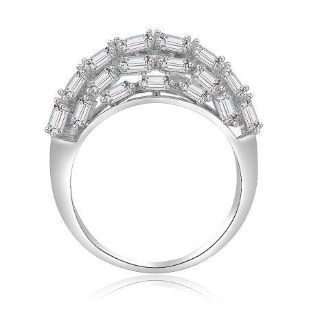 Angled shot of the dome-shaped ring, displaying the double row of baguette-cut stones and milgrain etching.