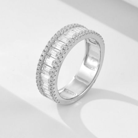 Close-up of the elegant baguette eternity band, featuring a double row of shimmering cubic zirconia stones.