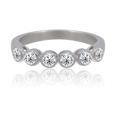 Bezel Set Stackable Band Ring - A close-up view of the Bezel Set Stackable Band Ring, showcasing its five bezel-set white cubic zirconia stones on a rhodium-plated band.