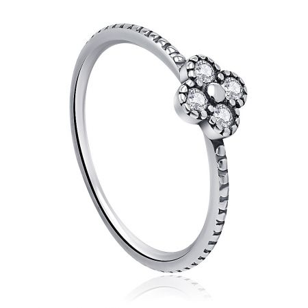 Side view of the sterling silver flower ring, highlighting the four clear cubic zirconia gemstones.
