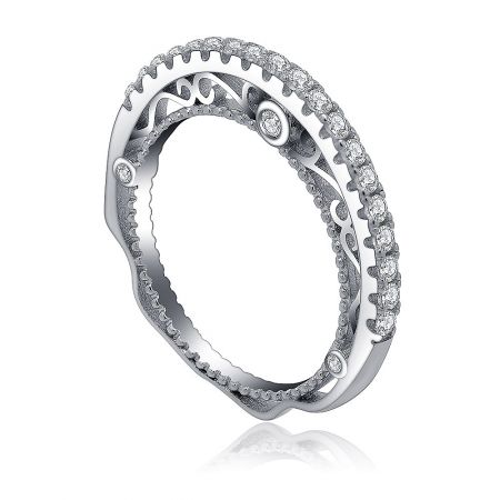 Detailed shot of the sterling silver ring band, showcasing the intricate setting of the clear gemstones.