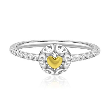 Floating Two Tone Rounded Ring - Floating Two Tone Rounded Ring in 925 sterling silver, featuring a distinctive gold heart-shaped centerpiece on a decorative circular face with a textured band.