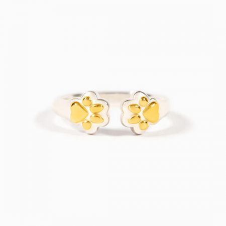 925 Sterling Silver Adjustable Dog Paw Ring Gift for Dog Lovers and Pet Moms Set of 5 - A close-up of the 925 sterling silver adjustable dog paw ring, highlighting the delicate gold-tone paw print details on the open band.