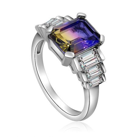 Side view of the Rainbow Cushion Princess Ring, showcasing the gradient gemstone and baguette-cut diamonds on the silver band.