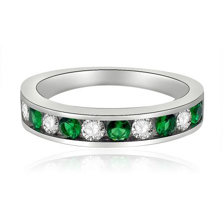 Emerald And White Band Ring - Front view of the Emerald and White Band Ring, featuring alternating green emerald and white cubic zirconia stones set in a polished rhodium-plated brass band.