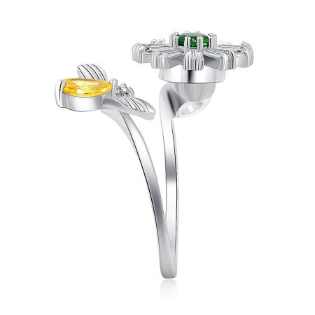 Side view of the Spinning Flower Bee Ring, highlighting the yellow CZ bee and the adjustable rhodium-plated band.