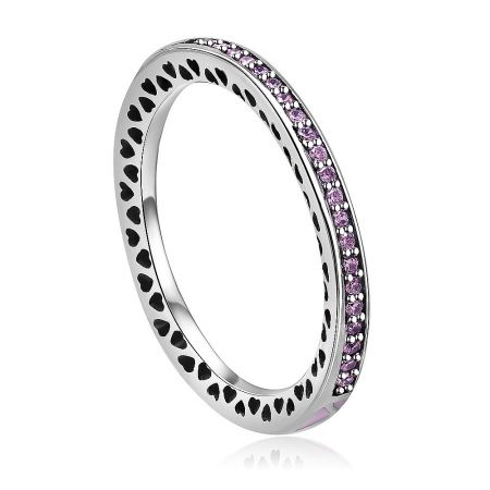 Side profile of the pink CZ eternity ring, highlighting the intricate heart-shaped cutouts along the band.