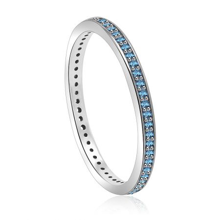 Side view of the Aquamarine Cubic Zirconia Silver Eternity Ring, highlighting the perforated interior of the silver band.