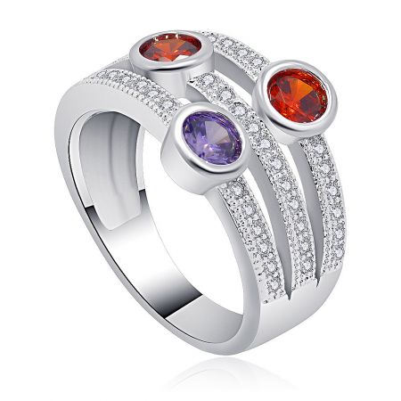 Multi Gemstone Bubble Ring - A close-up of the Multi-Gemstone Bubble Ring, featuring two vibrant orange and one deep purple cubic zirconia stones set in a polished, rhodium-plated brass band with sparkling diamond embellishments.