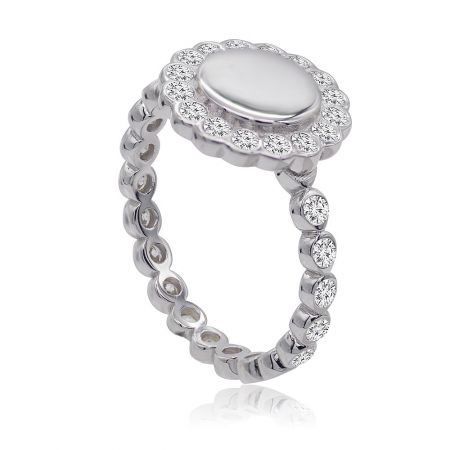 Angled view of the Floral Bezel Set Ring showcasing its brilliant finish and intricate design.