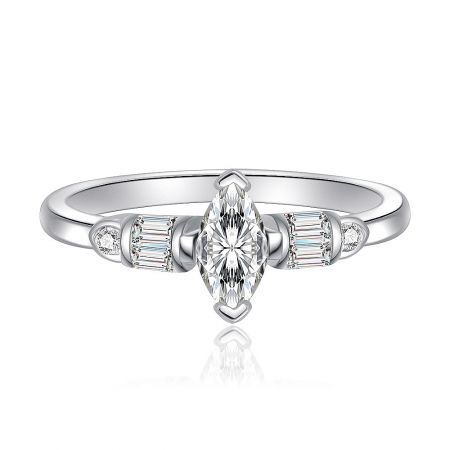 Marquise Cut Center Quad Baguettes Ring - Close-up of an elegant marquise cut cubic zirconia ring with quad baguettes on a silver-toned rhodium-plated band.