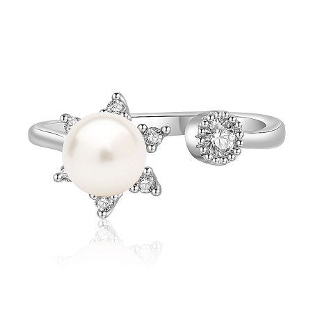 Adjustable Crystal Open Pearl Sun Ring - An elegant adjustable open sun ring in rhodium plating, featuring a lustrous white shell pearl and a brilliant white cubic zirconia.