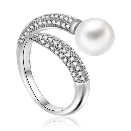 Side view of the fancy pearl and cubic zirconia ring, showcasing the detailed gemstone setting on the rhodium-plated band.