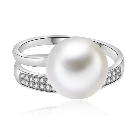 Swirl Pearl And CZ Ring - A close-up of the Swirl Pearl and CZ Ring, showcasing the intricate silver swirl design, central white pearl, and sparkling cubic zirconia accents.