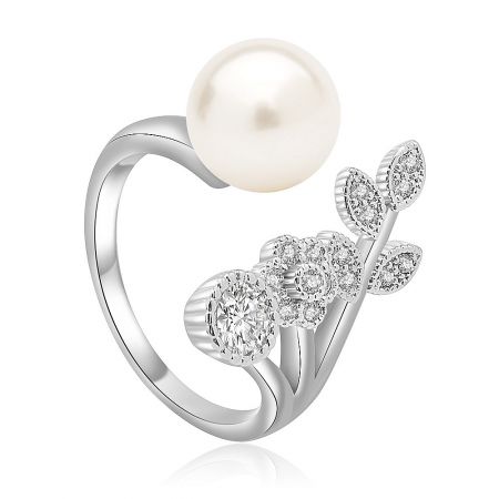 Side view of the Pearl Allure Ring showcasing the detailed floral pattern with multiple clear cubic zirconia gemstones.