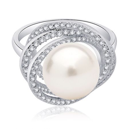 Pearl and CZ Swirl Floral Halo Ring - Elegant Pearl and CZ Swirl Floral Halo Ring featuring a central white glass pearl surrounded by a double halo of cubic zirconia stones on a rhodium-plated brass band.