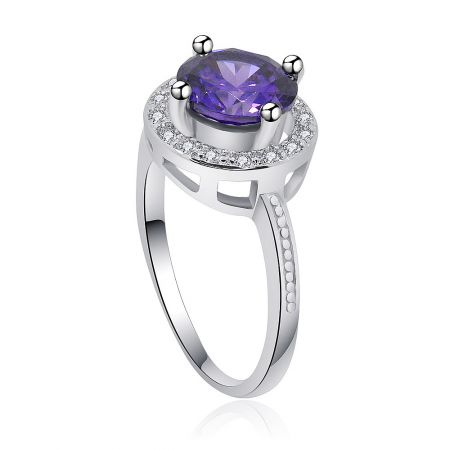 Side view of the dazzling purple and white zirconia ring, showcasing the elegant silver band.