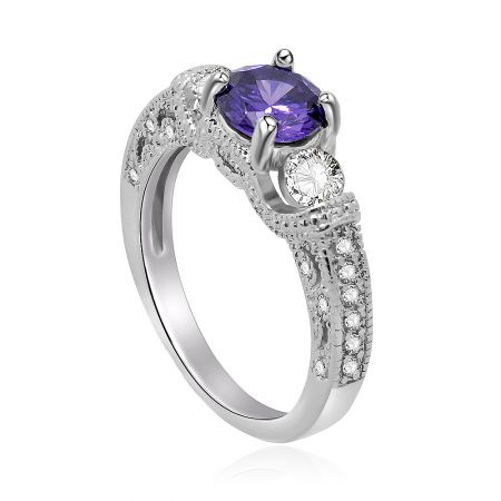 Side profile of the elegant amethyst engagement ring, highlighting the intricate craftsmanship of the band and the sparkle of the side stones.