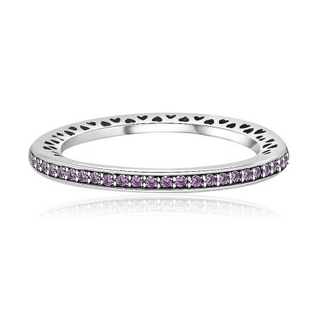 Radiant Hearts of Light Pink Enamel and Pink CZ Ring - Front view of the Silver Plated Pink CZ Eternity Band Ring, showcasing the sparkling pink gemstones and delicate enamel work on a 925 sterling silver band.