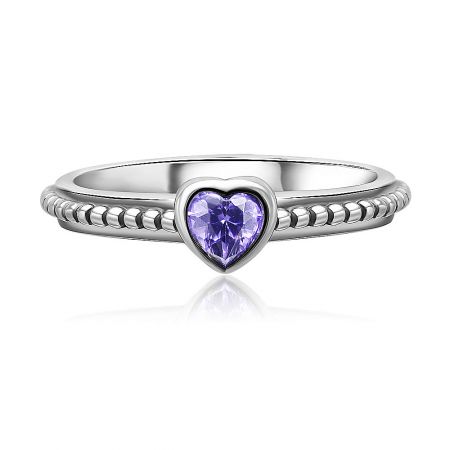 Silver Delicate Purple Heart Stacking Ring - Front view of the Silver Delicate Purple Heart Stacking Ring, showcasing the vibrant heart-shaped purple cubic zirconia on a detailed 925 sterling silver band.