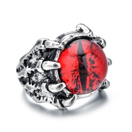 Red Evil Eye Adjustable Ring For Men - A close-up of the Red Evil Eye Adjustable Ring for Men, showcasing the detailed silver band and the prominent central red gemstone.