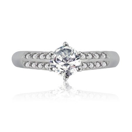 Showy Princess Ring - Showy Princess Ring featuring a prominent round-cut Cubic Zirconia centerpiece with smaller stones on a rhodium-plated brass band.