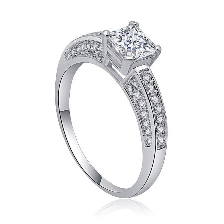 Detailed view of the princess cut CZ ring's setting and band.