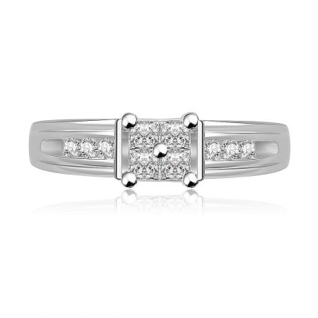Engagement Womens Rings - Close-up of the Engagement Women's Ring, showcasing the central square-cut white cubic zirconia stone set in a four-prong setting on a rhodium-plated band, with smaller stones on the shoulders.