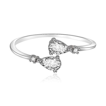 Glitzy Rocks Tear Drop Ring - Close-up of the Glitzy Rocks Tear Drop Ring, featuring two sparkling pear-cut cubic zirconia stones on a rhodium-plated, adjustable band.