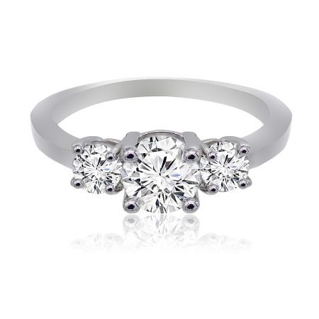 Simply Three Stone Engagement Ring with Cubic Zirconia - Front view of the Simply Three Stone Engagement Ring, showcasing three brilliant cubic zirconia stones on a high-polished, rhodium-plated band.