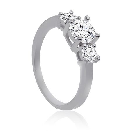 Detailed side view of the Simply Three Stone Engagement Ring's setting and band.