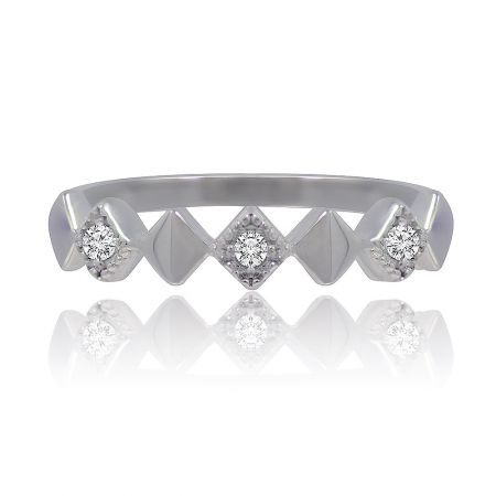Square Accent Wedding Band - Close-up of the Square Accent Wedding Band, a rhodium-plated ring showcasing a row of sparkling white cubic zirconia stones.