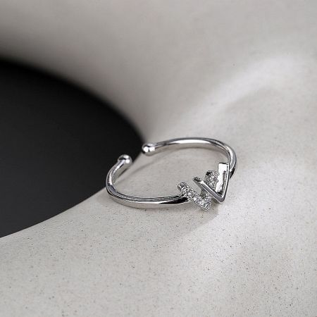 Adjustable 925 Sterling Silver Zircon Letter 'W' Initial Ring Set of 5 - A detailed view of the adjustable 925 sterling silver ring featuring the letter 'W' initial adorned with brilliant zircon stones.