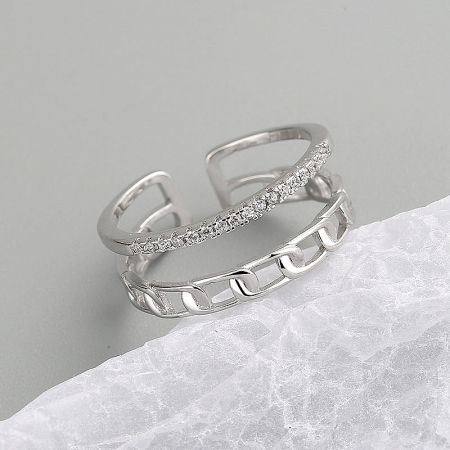 925 Silver Two-Layered Link Adjustable Open Rings Set of 5 - A stylish set of 925 sterling silver adjustable open rings, showcasing a modern two-layered chain-link design alongside a band with sparkling stones.