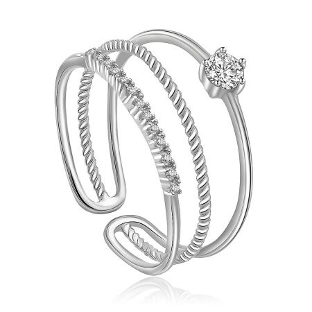 A close-up view of the 925 silver stackable ring, highlighting the three lines of white cubic zirconia stones.